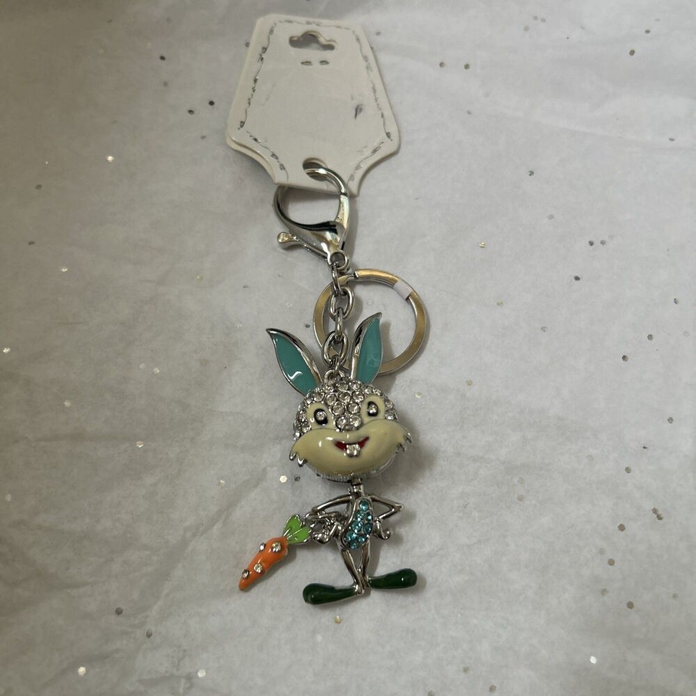 Blue and crystal Rhinestone Rabbit Charm Keychain with moving body and carrot